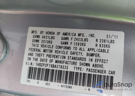 2011 Honda Accord 2.4 Ex z USA, uszkodzony, nr VIN 1HGCP2F7XBA078535